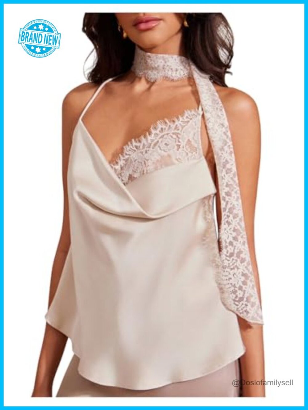 Women's Satin Lace Cowl Neck Camisole Tank Top